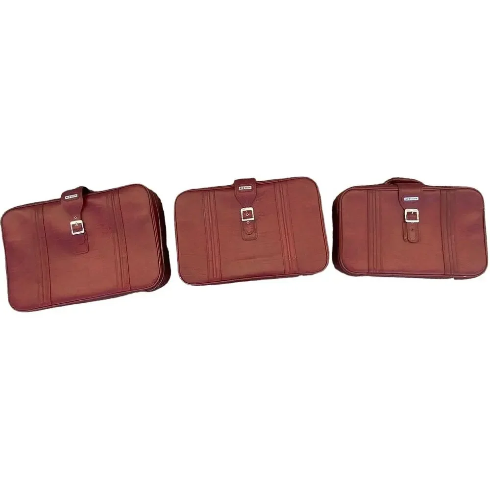 Set of 3 VTG New Vista Korean Travel Luggage Faux Leather Burgundy suitcases